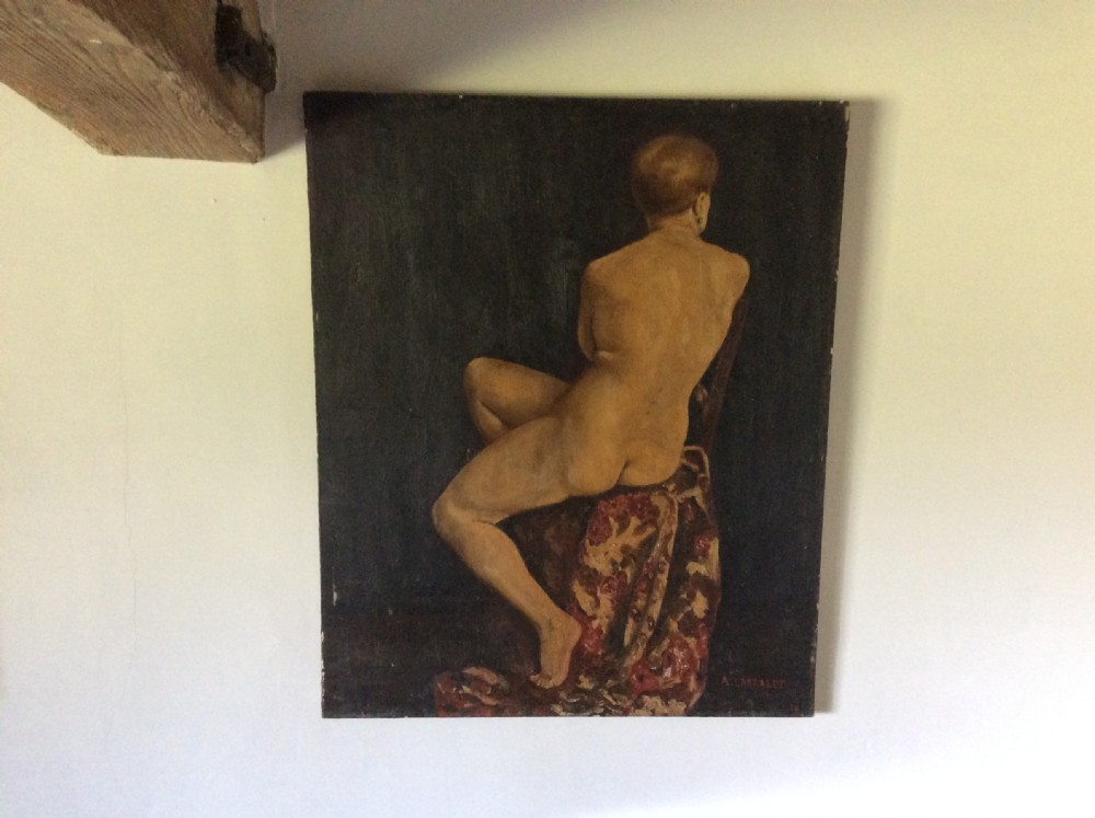An oil painting on canvas depicting a rear view of a seated female nude figure against a dark background. View II