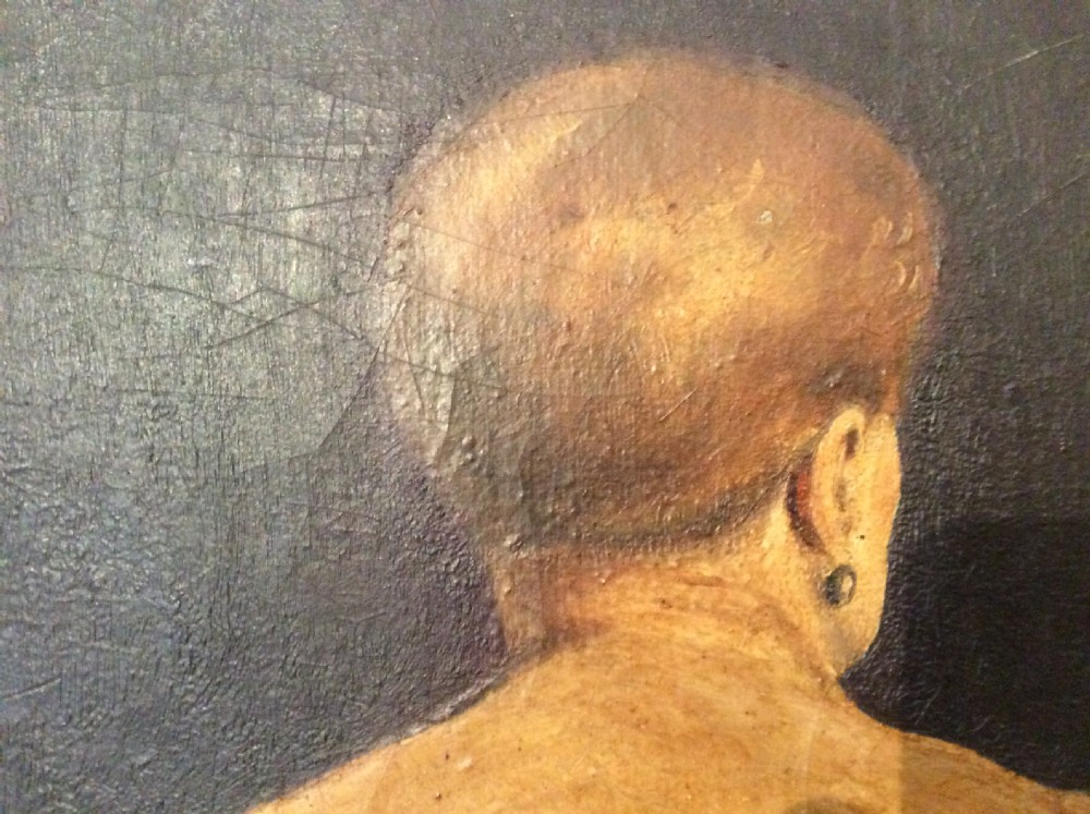 An oil painting on canvas depicting a rear view of a seated female nude figure against a dark background. View IV