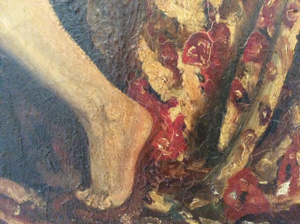 An oil painting on canvas depicting a rear view of a seated female nude figure against a dark background. View V