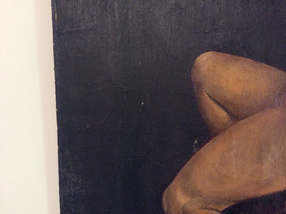 An oil painting on canvas depicting a rear view of a seated female nude figure against a dark background. View VI