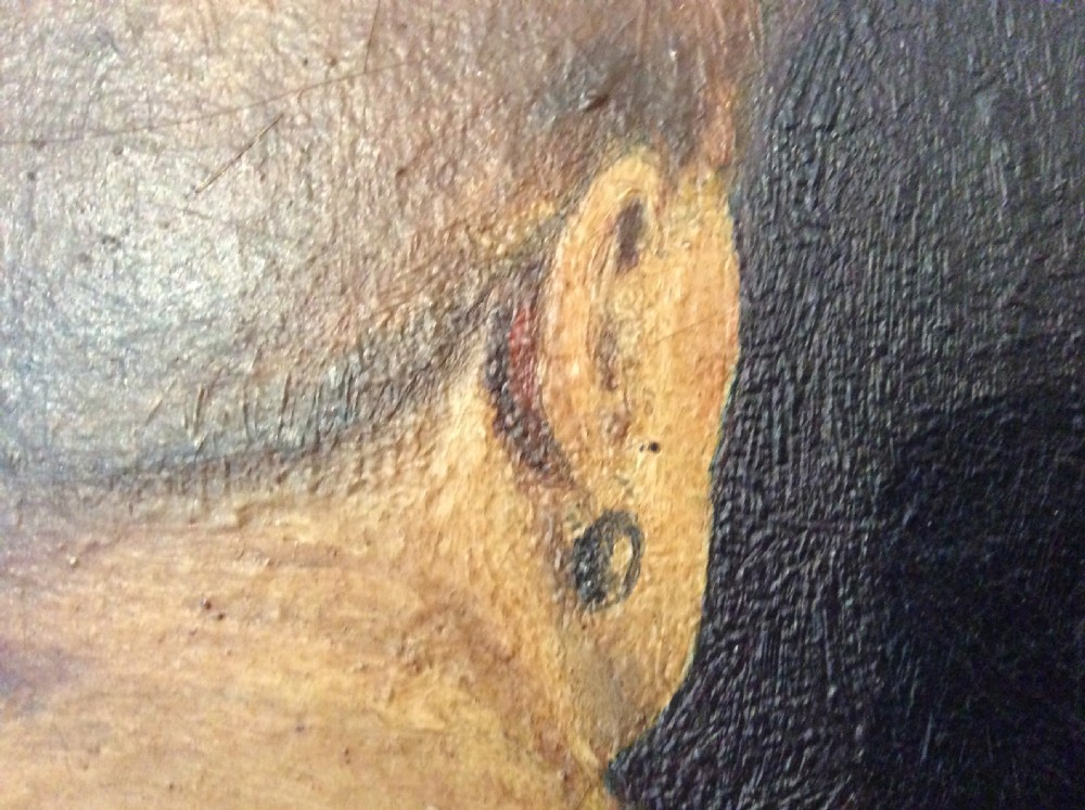 An oil painting on canvas depicting a rear view of a seated female nude figure against a dark background. View VII