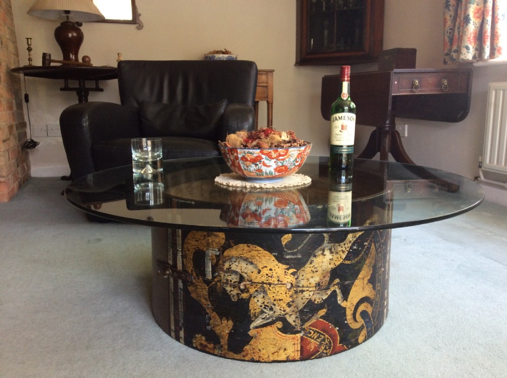 A 19thC decorative drum case coffee table View II