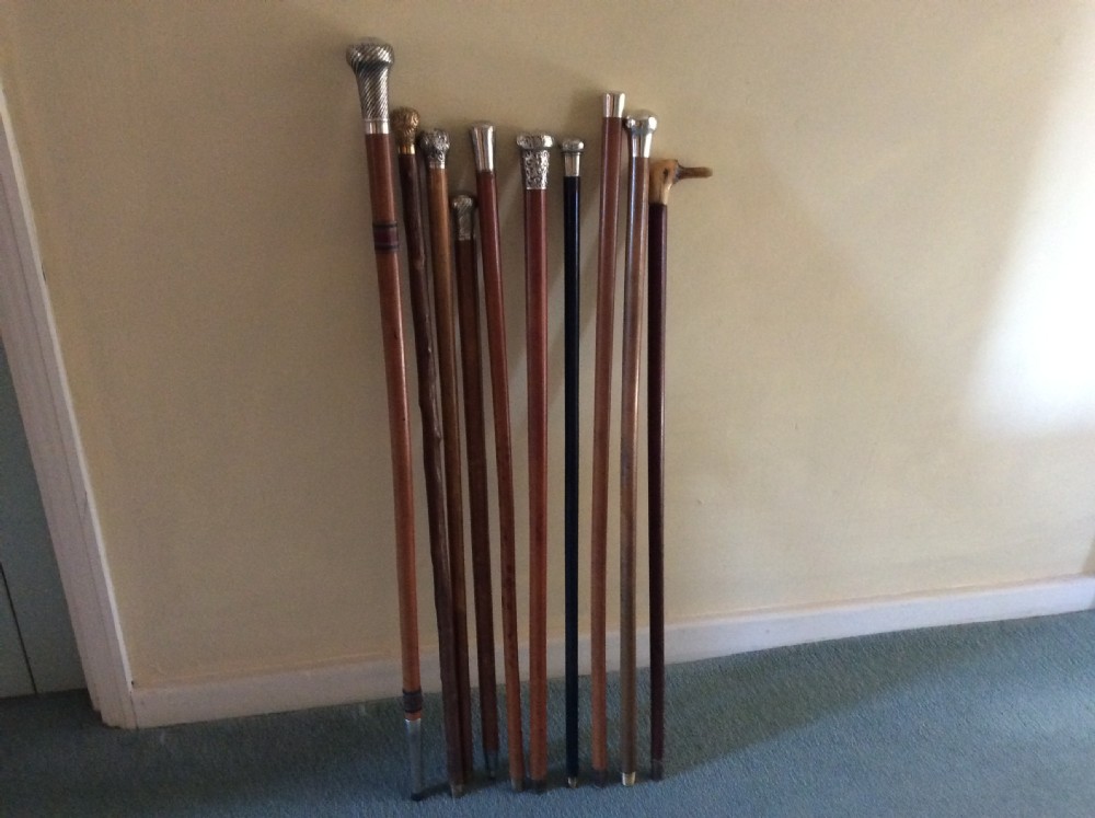 A collection of 10 walking sticks and canes View IX