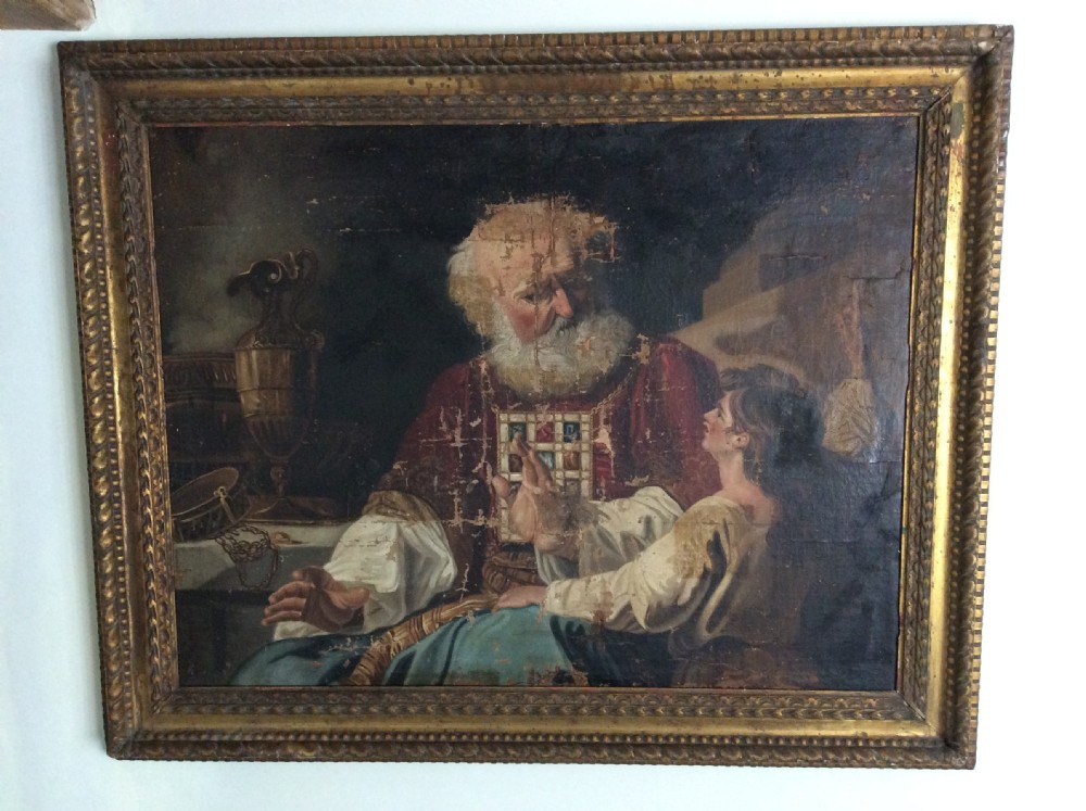 A large antique oil painting of a religious scene