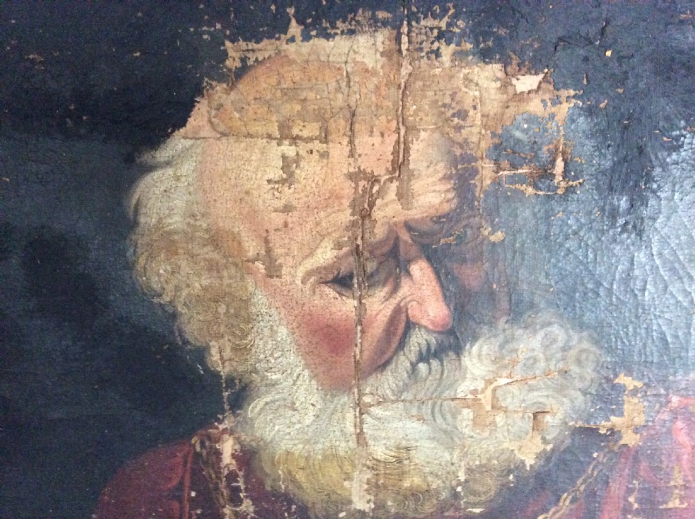 A large antique oil painting of a religious scene View II