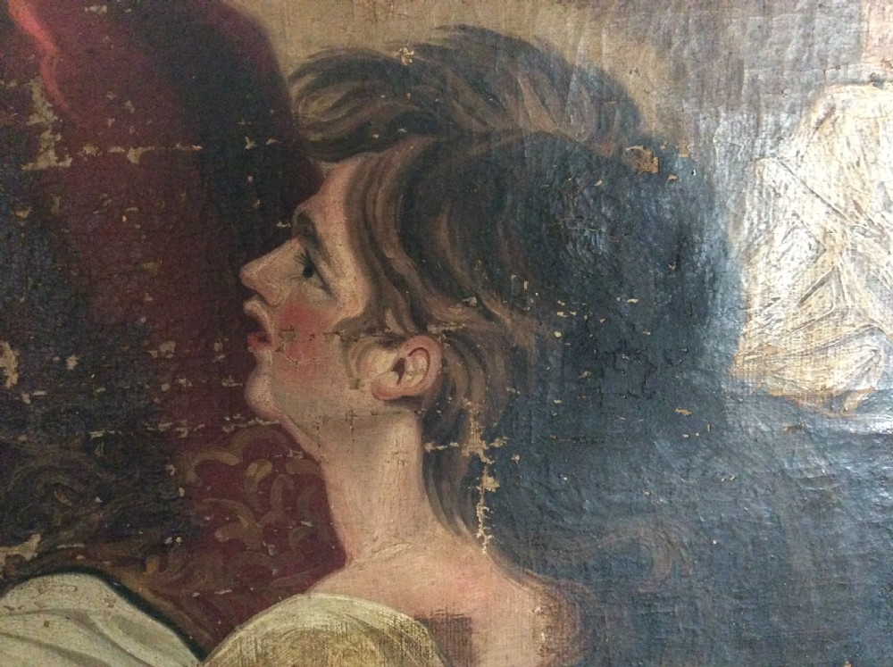 A large antique oil painting of a religious scene View III