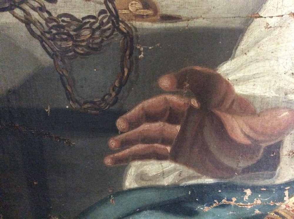 A large antique oil painting of a religious scene View IV