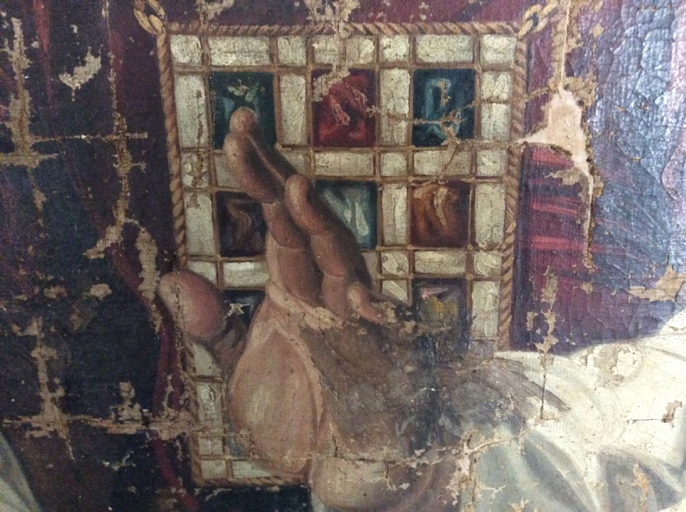 A large antique oil painting of a religious scene View XI