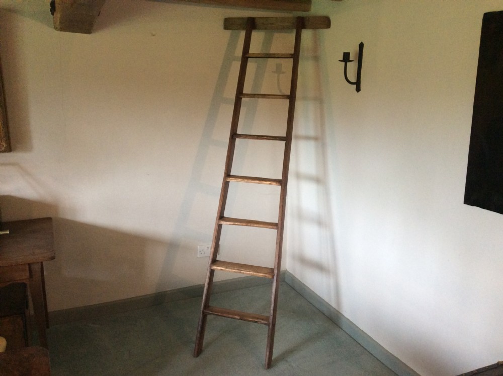 A tall Victorian pine shop ladder featuring straight wooden stiles, flat horizontal rungs, and a top mounting bar.