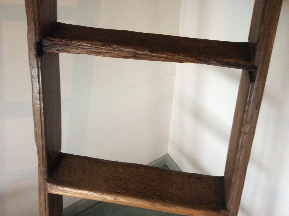 A tall Victorian pine shop ladder featuring straight wooden stiles, flat horizontal rungs, and a top mounting bar. View IV