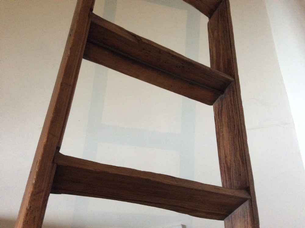 A tall Victorian pine shop ladder featuring straight wooden stiles, flat horizontal rungs, and a top mounting bar. View VI