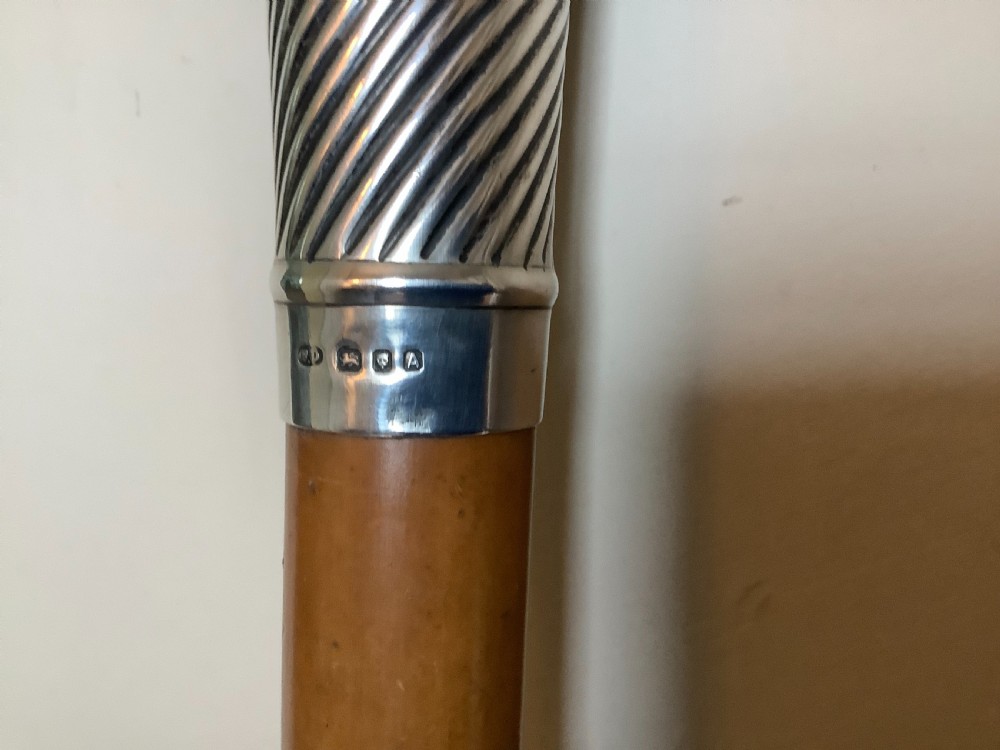 A wooden walking cane featuring a swirl-fluted hallmarked silver pommel top and silver collar. View III