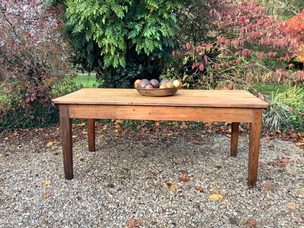 A Victorian pine farmhouse dining table with a rectangular timber top and straight tapered legs. View II