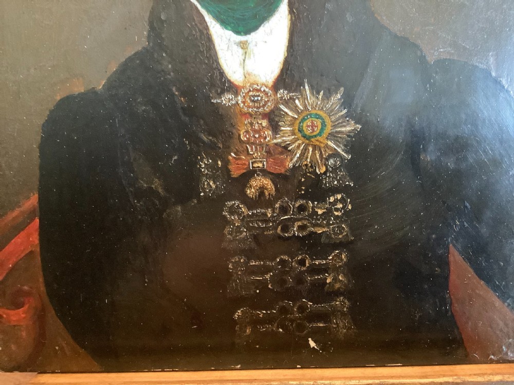 A small square Regency oil portrait painting depicting King George IV in a dark double-breasted coat adorned with military decorations. View III