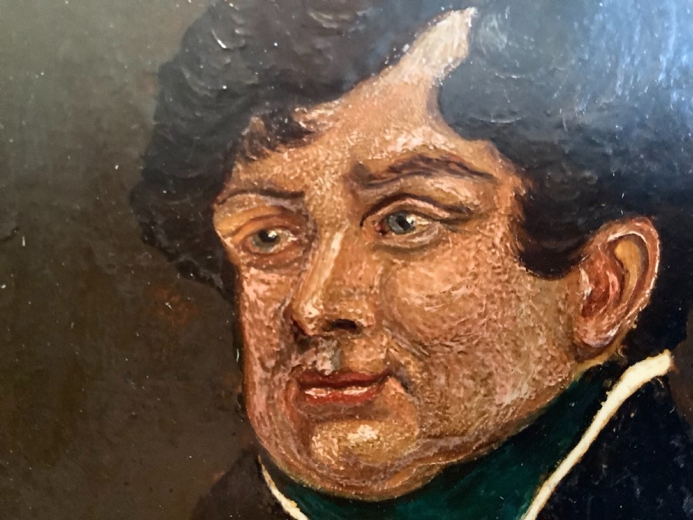 A small square Regency oil portrait painting depicting King George IV in a dark double-breasted coat adorned with military decorations. View V