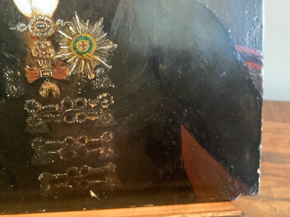 A small square Regency oil portrait painting depicting King George IV in a dark double-breasted coat adorned with military decorations. View VII