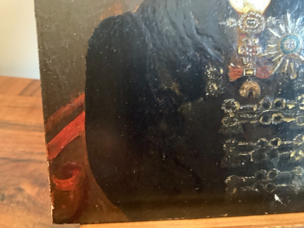 A small square Regency oil portrait painting depicting King George IV in a dark double-breasted coat adorned with military decorations. View VIII