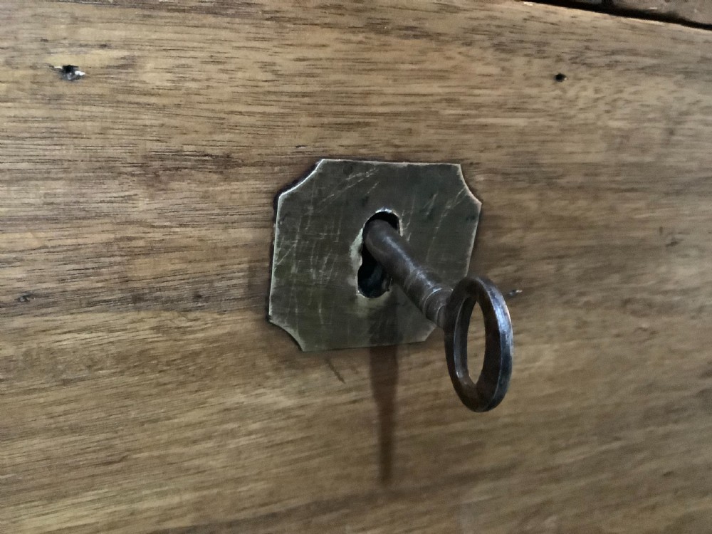A rectangular camphor wood campaign trunk featuring flush brass corner brackets, central brass escutcheon, side carrying handles, and visible dovetail joinery. View VI
