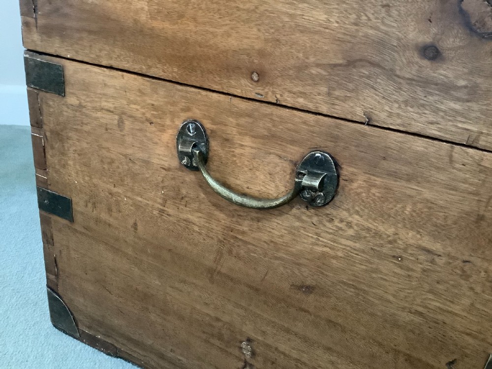A rectangular camphor wood campaign trunk featuring flush brass corner brackets, central brass escutcheon, side carrying handles, and visible dovetail joinery. View IX