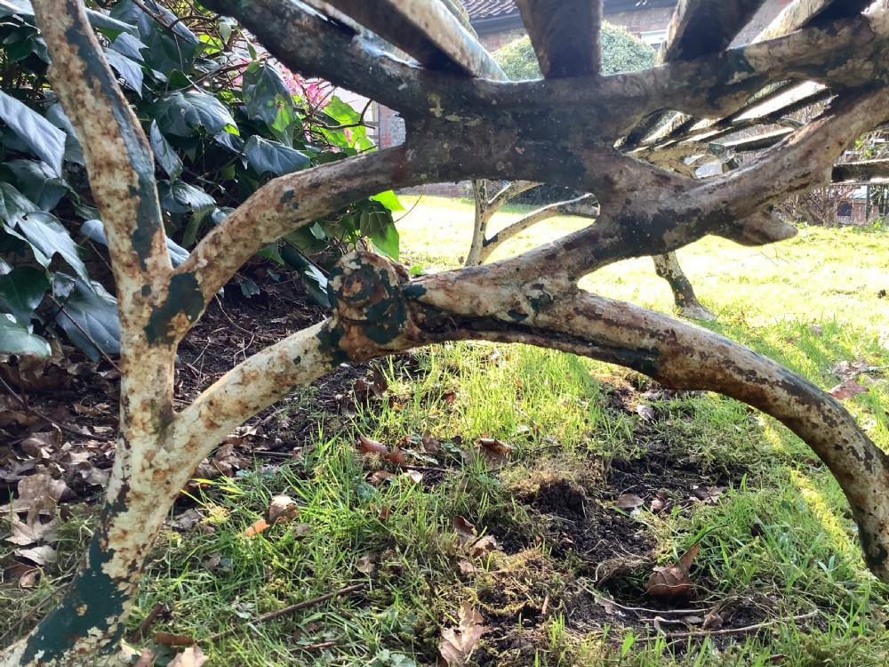 A weathered green iron Arras garden bench with horizontal slatted metal back and seat set on a lawn. View IX