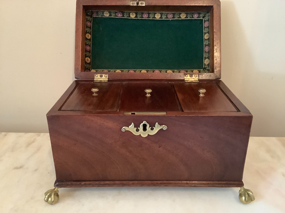 A Georgian mahogany tea caddy featuring brass ball-and-claw feet, a central brass escutcheon, and a top carrying handle. View III