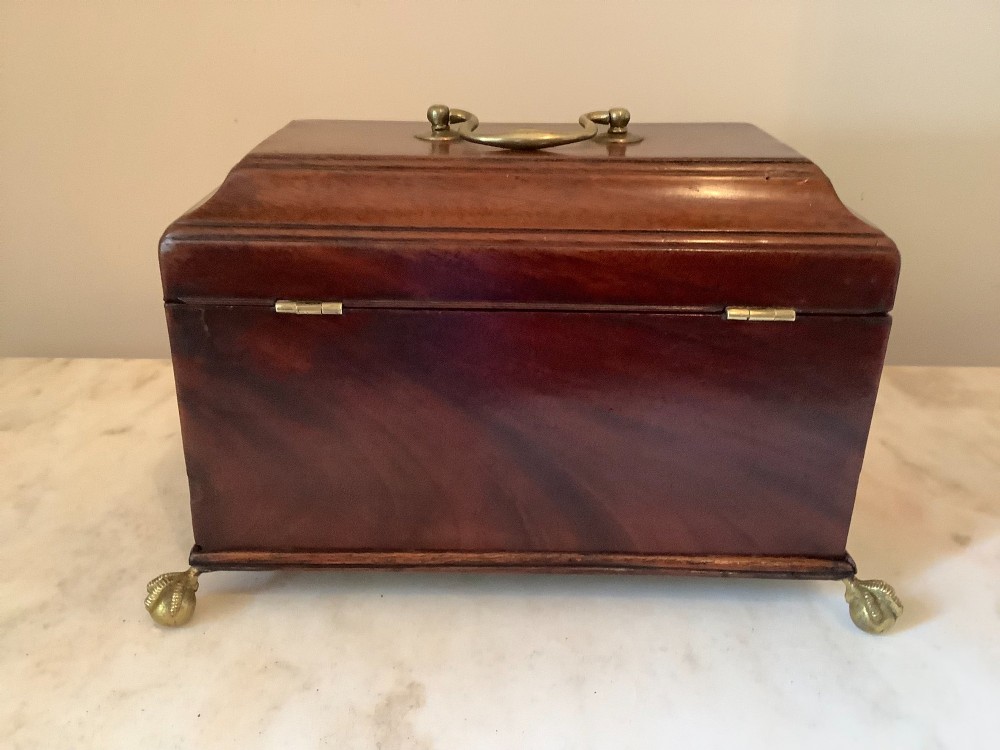 A Georgian mahogany tea caddy featuring brass ball-and-claw feet, a central brass escutcheon, and a top carrying handle. View IX