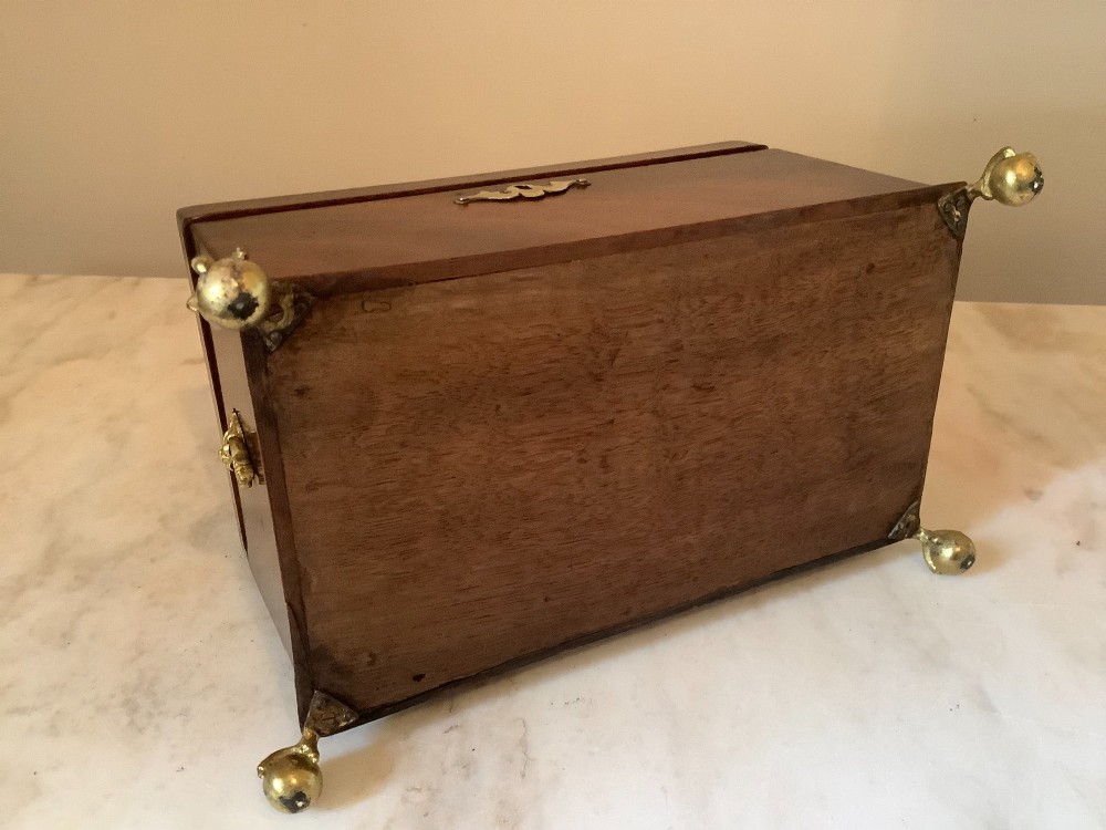 A Georgian mahogany tea caddy featuring brass ball-and-claw feet, a central brass escutcheon, and a top carrying handle. View X