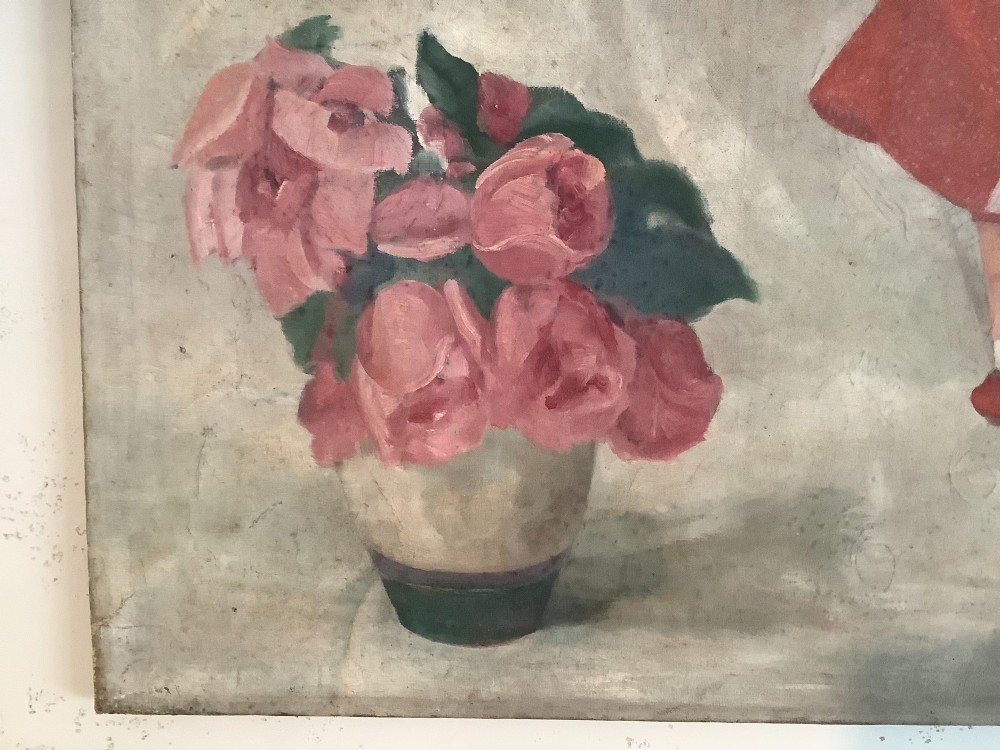 A 1928 naive oil painting depicting a red hooded doll figure alongside a ceramic vase with pink flowers against a muted grey background. View III