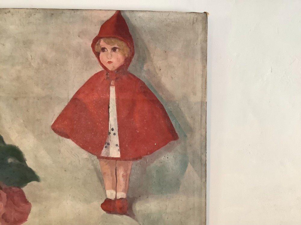 A 1928 naive oil painting depicting a red hooded doll figure alongside a ceramic vase with pink flowers against a muted grey background. View IV