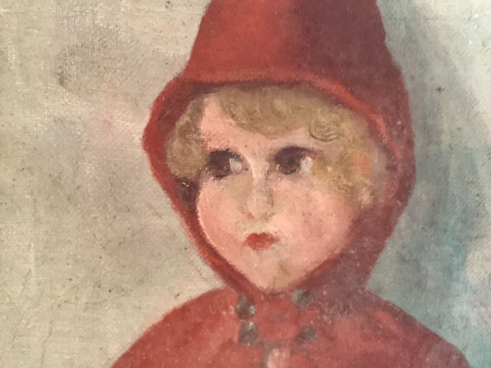 A 1928 naive oil painting depicting a red hooded doll figure alongside a ceramic vase with pink flowers against a muted grey background. View V
