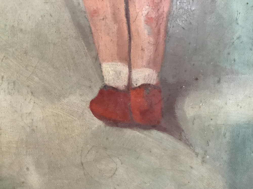 A 1928 naive oil painting depicting a red hooded doll figure alongside a ceramic vase with pink flowers against a muted grey background. View IX