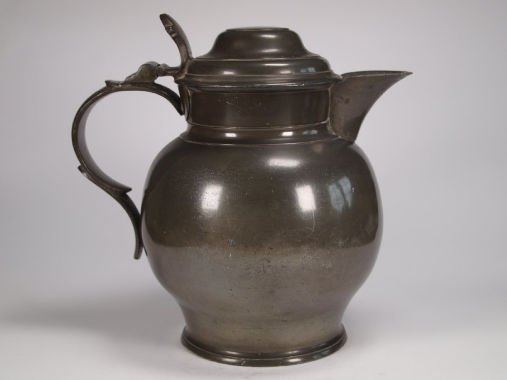 ANTIQUE ENGLISH PEWTER HALF GALLON SPOUTED ALE JUG, CIRCA 1850. View III