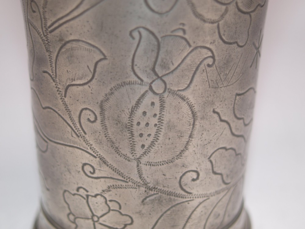 ANTIQUE DUTCH PEWTER BEAKER WITH WRIGGLE WORK FLORAL DECORATION, CIRCA 1700. View VII