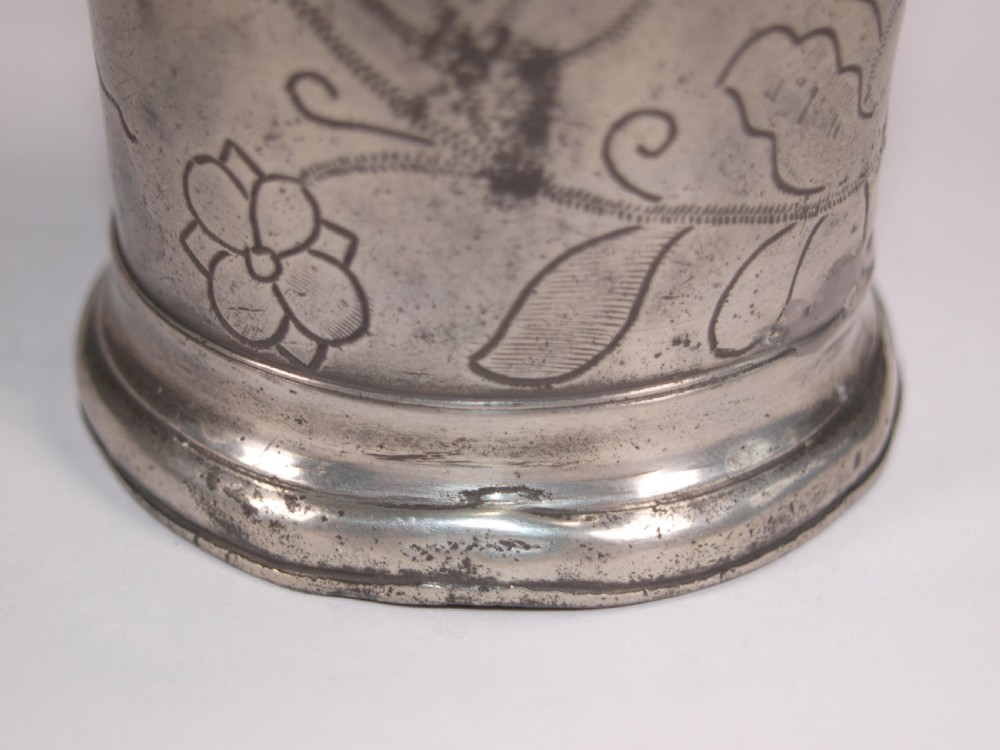 ANTIQUE DUTCH PEWTER BEAKER WITH WRIGGLE WORK FLORAL DECORATION, CIRCA 1700. View IX