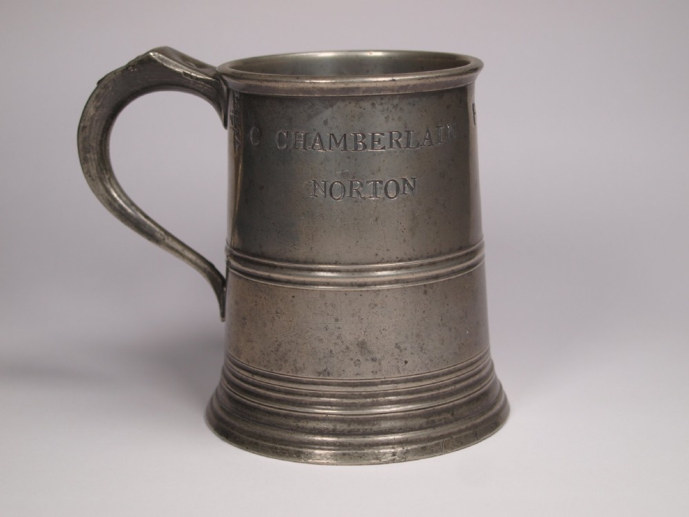 ANTIQUE ENGLISH PEWTER 1 PINT MEASURE BY W McKENZIE OF BIRMINGHAM, 1825-1841.