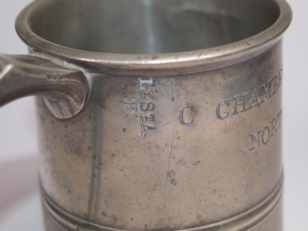 ANTIQUE ENGLISH PEWTER 1 PINT MEASURE BY W McKENZIE OF BIRMINGHAM, 1825-1841. View VII