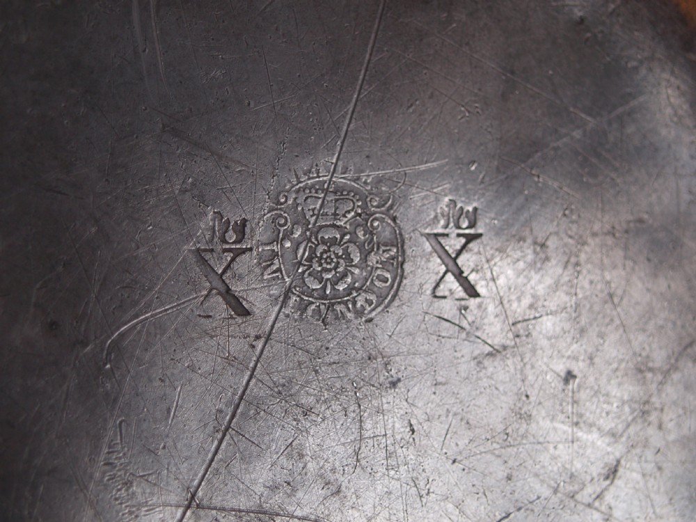 ANTIQUE ENGLISH PEWTER PLAIN RIM PLATE, BY WATTS & HARTON OF LONDON, 1836-1863. View III