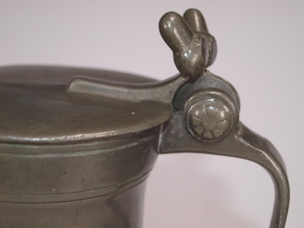 ANTIQUE FRENCH PEWTER NORMANDY FLAGON OF LARGE SIZE, CIRCA 1800. View VIII