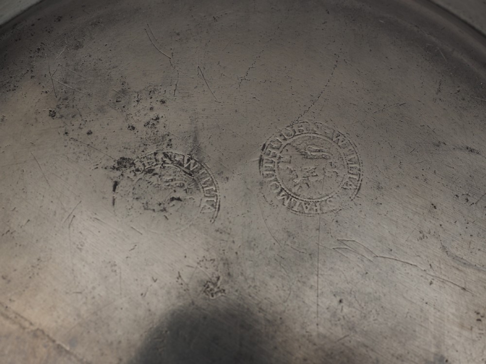 ANTIQUE ENGLISH PEWTER 9in PLAIN RIM PLATE BY JOHN WILLIAMS, FALMOUTH 1737-1761. View III