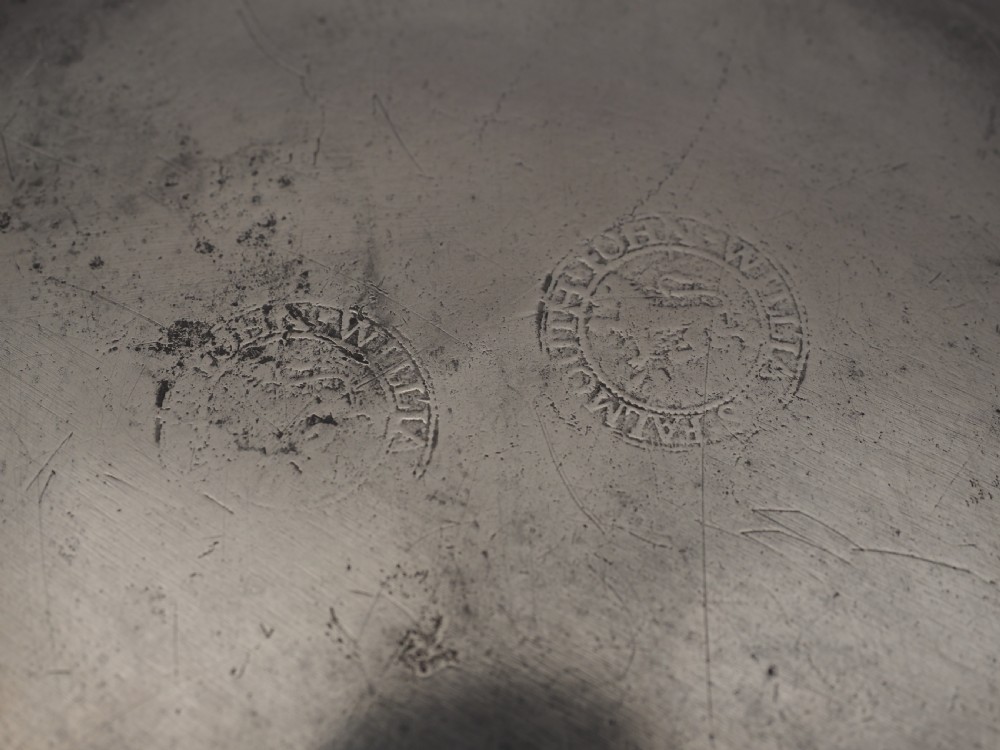 ANTIQUE ENGLISH PEWTER 9in PLAIN RIM PLATE BY JOHN WILLIAMS, FALMOUTH 1737-1761. View IV
