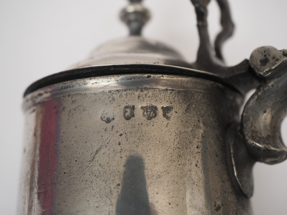 ANTIQUE ENGLISH PEWTER SPIRE FLAGON BY INGRAM & HUNT, 1778 - 1807. View XII