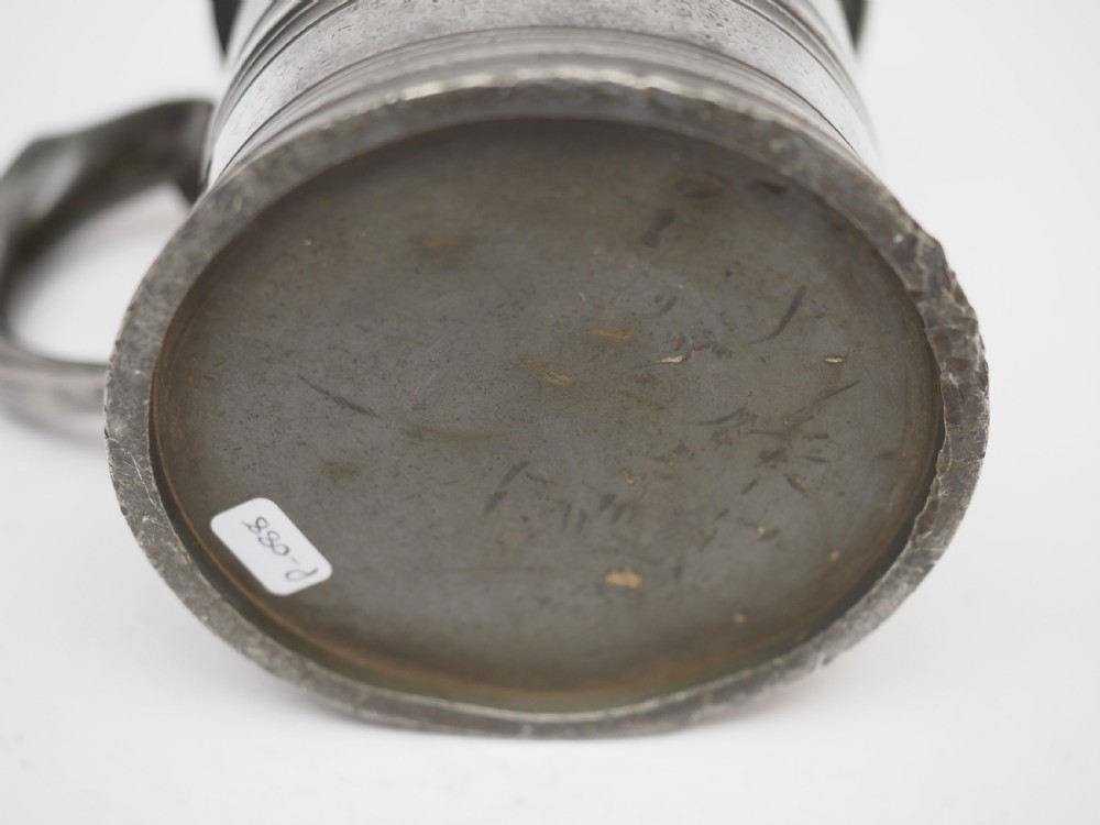 ANTIQUE ENGLISH PEWTER 1 PINT BRASS RIM MEASURE, W R LOFTUS, CIRCA 1900. View V