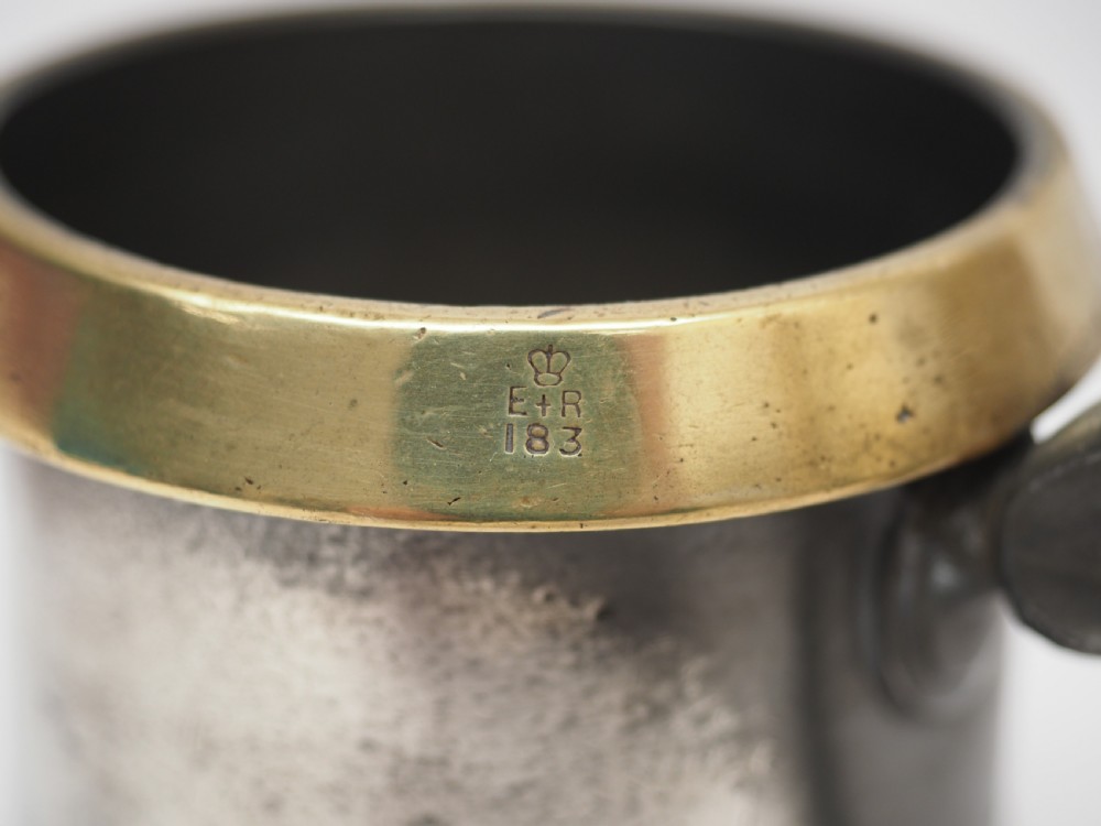 ANTIQUE ENGLISH PEWTER 1 PINT BRASS RIM MEASURE, W R LOFTUS, CIRCA 1900. View VII