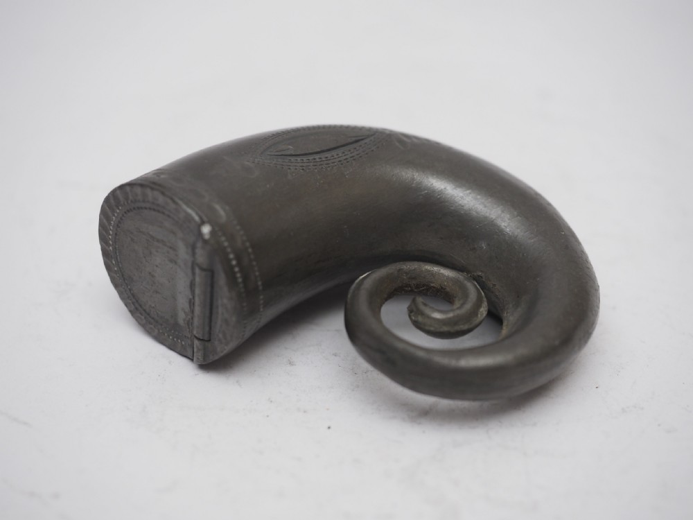 ANTIQUE ENGLISH PEWTER SNUFF BOX OF HORN SHAPE, R CONSTANTINE 1792-1830. View II