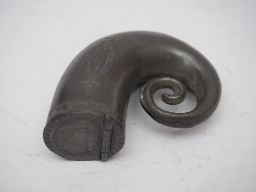 ANTIQUE ENGLISH PEWTER SNUFF BOX OF HORN SHAPE, R CONSTANTINE 1792-1830. View III