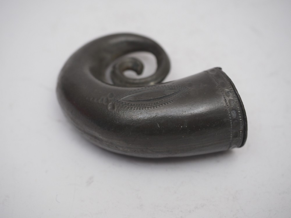 ANTIQUE ENGLISH PEWTER SNUFF BOX OF HORN SHAPE, R CONSTANTINE 1792-1830. View IV