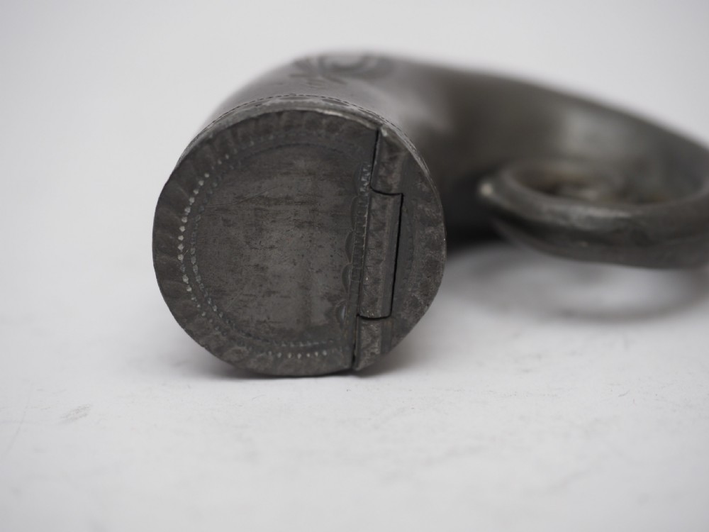 ANTIQUE ENGLISH PEWTER SNUFF BOX OF HORN SHAPE, R CONSTANTINE 1792-1830. View V