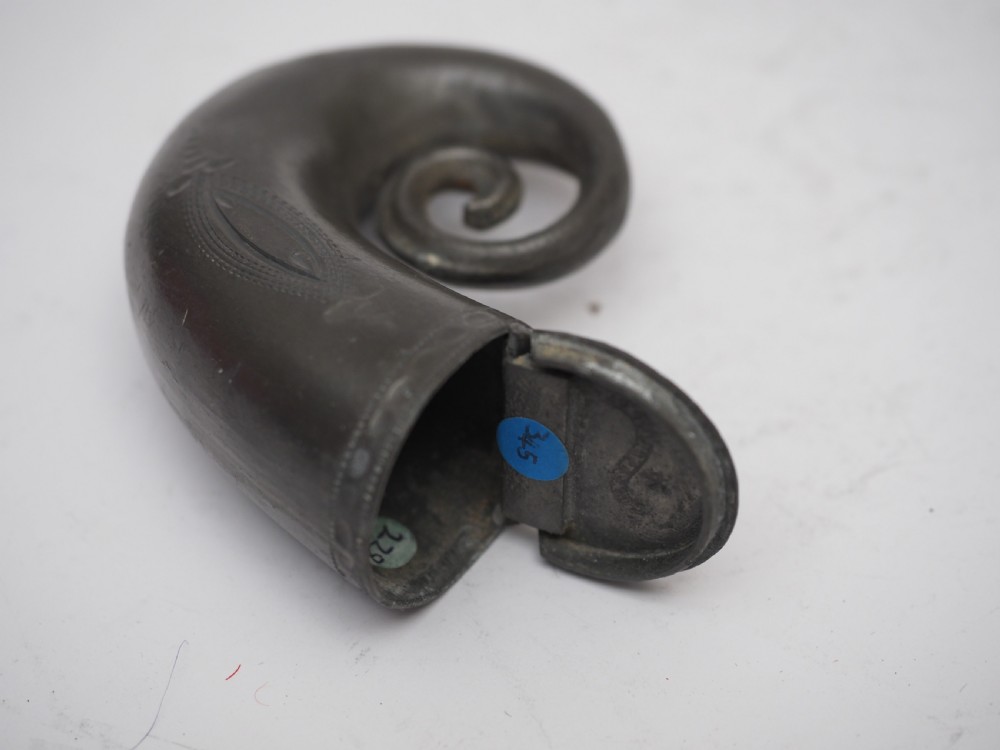 ANTIQUE ENGLISH PEWTER SNUFF BOX OF HORN SHAPE, R CONSTANTINE 1792-1830. View VI