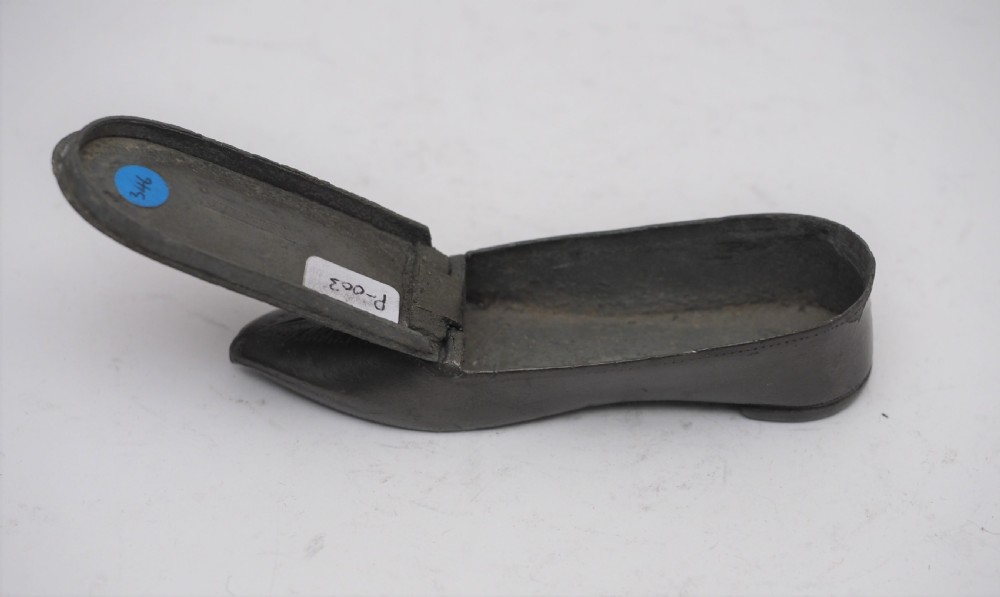 ANTIQUE ENGLISH PEWTER LADIES SHOE SNUFF BOX, CIRCA 1840. View V
