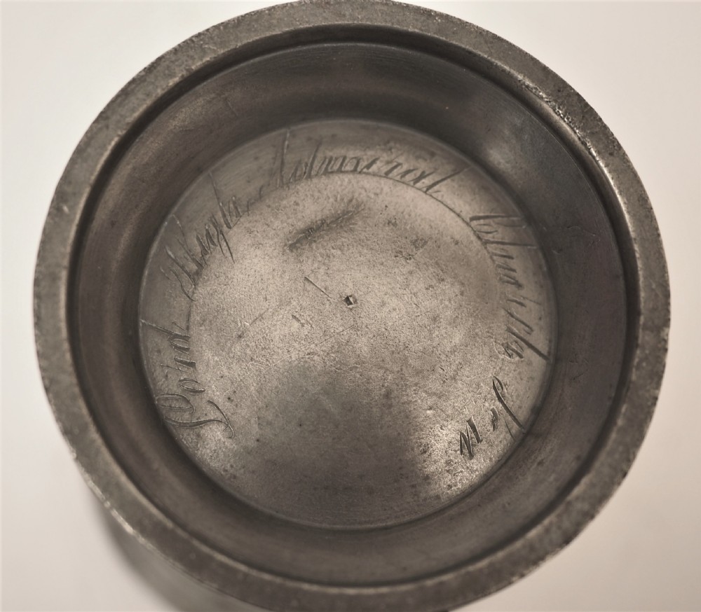 ANTIQUE ENGLISH PEWTER 1 PINT MEASURE, LORD HIGH ADMIRAL, CIRCA 1890. View V
